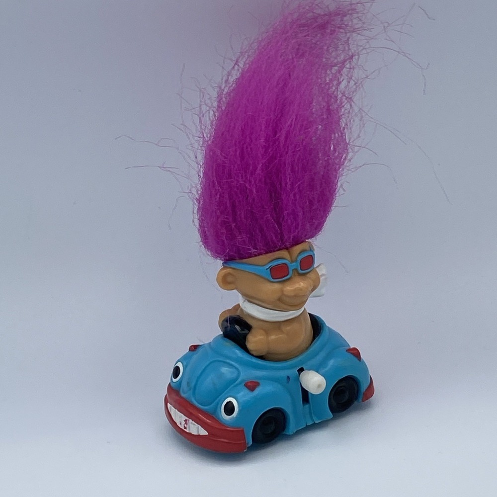 Trolls: Good Luck Troll doll in‎ Wind Up Car w/ pink hair, 2" Russ Vintage